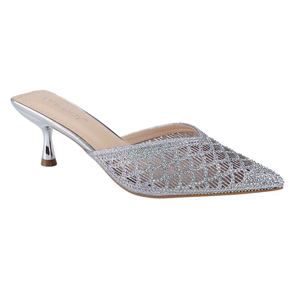 Women's Silver Embellished Pointed-Toe Mule Heels